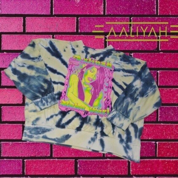 Tops - AALIYAH Blue Tie Dye Crew Neck Neon Screen Print Pullover Sweatshirt L FLAWED *